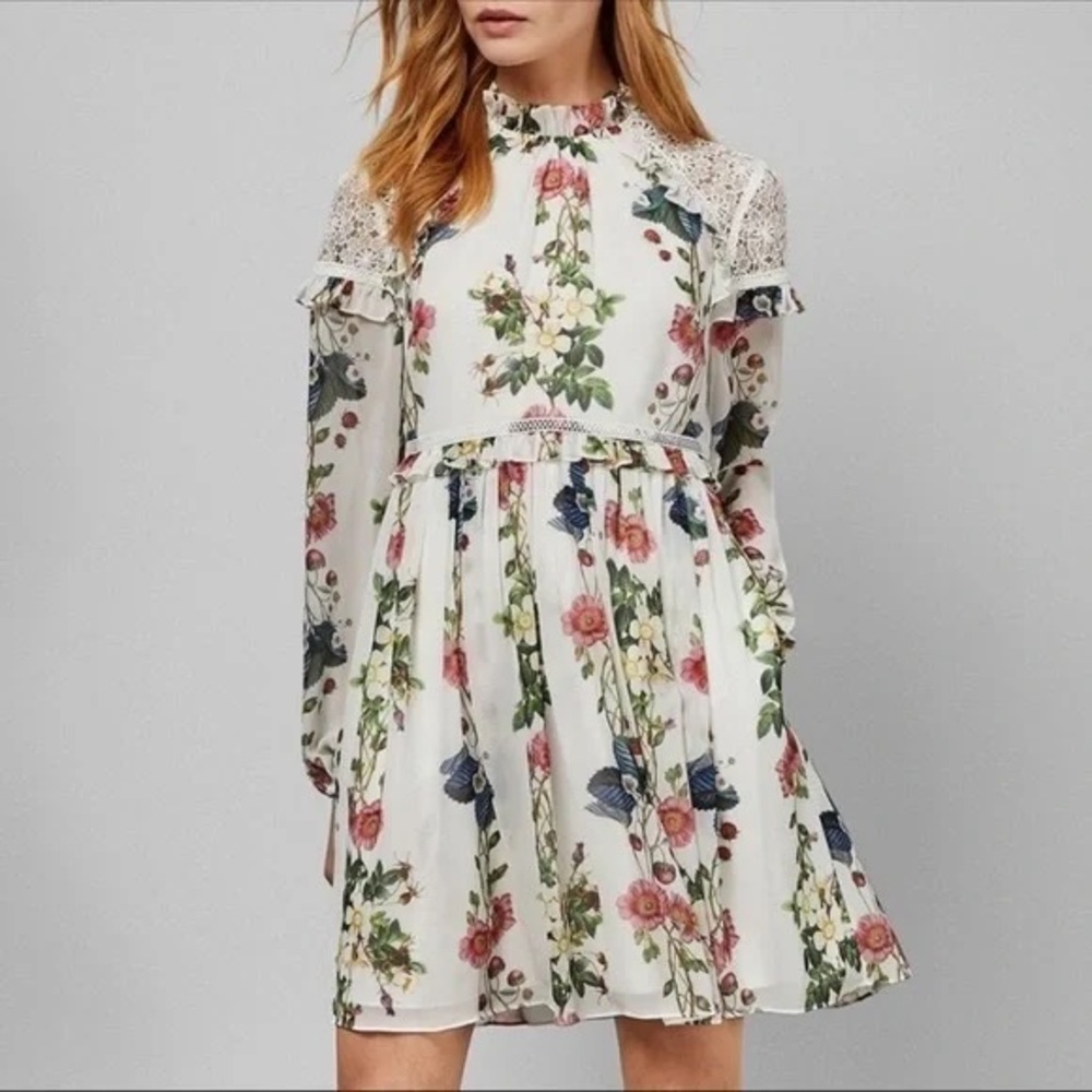 Ted Baker Floral Long Sleeve Dress with Lace Details